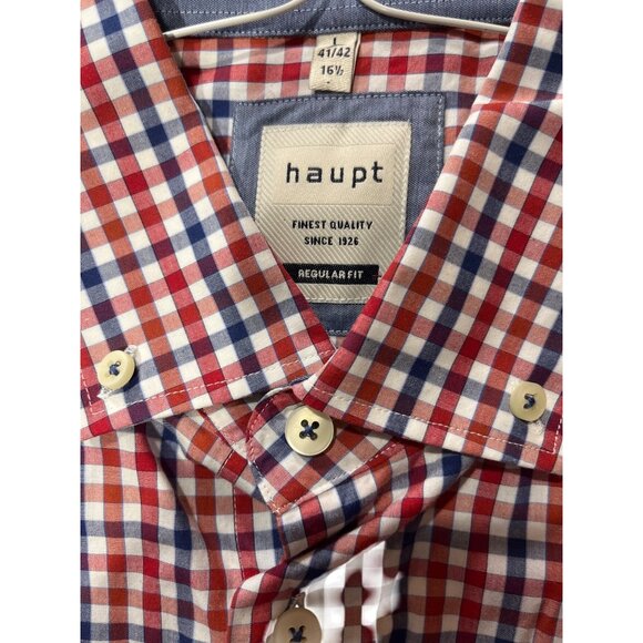Haupt Mens Red/Blue/White Gingham Short Sleeve Button-Up Shirt L 16.5 41/42 - Picture 3 of 6